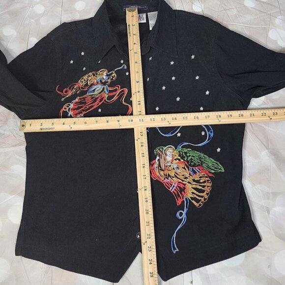 Bill Blass Vintage Black Embroidered Christmas Angel Shirt, Women's Large - Picture 13 of 15